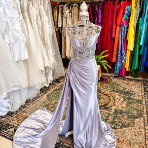 Lilac satin lace evening gown