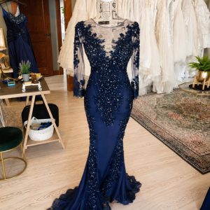 Navy long sleeve lace evening gown