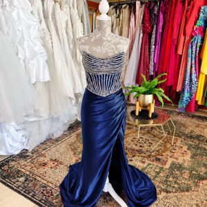 Navy satin lace mermaid gown