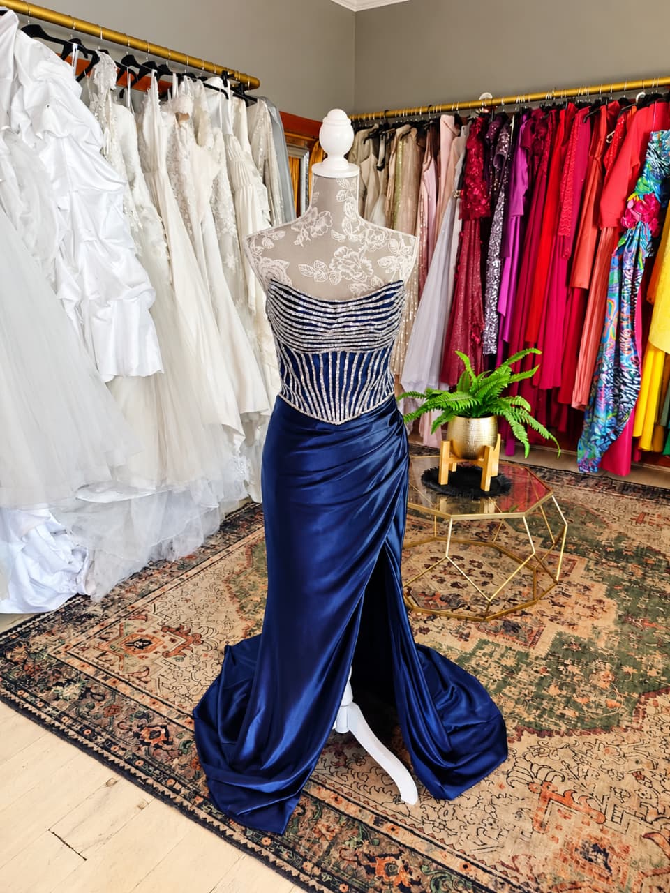 Navy satin lace mermaid gown