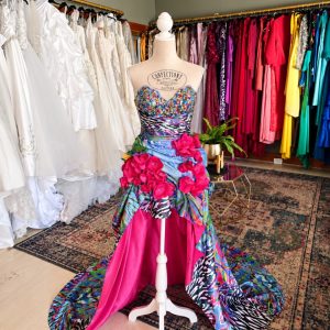 Pink floral print evening gown