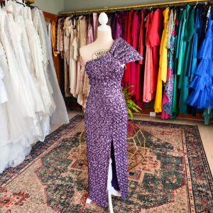 Purple sequin slit evening gown