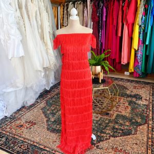 Red off shoulder evening gown